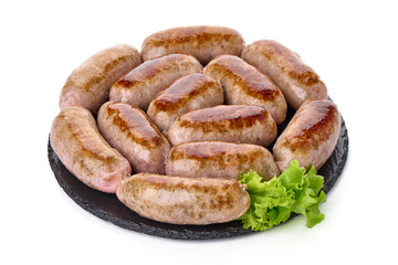 Grilled German Pork Sausages, munich sausage, isolated on white background.