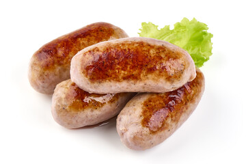 Grilled pork bangers, isolated on white background.