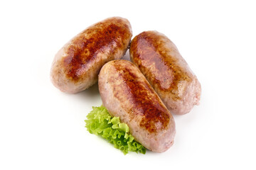 Grilled German Pork Sausages, munich sausage, isolated on white background.