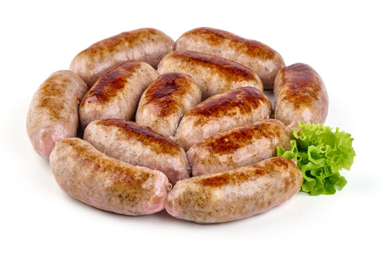 Grilled pork bangers, isolated on white background.