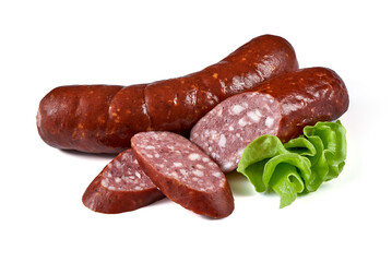 Smoked german sausages, isolated on white background.