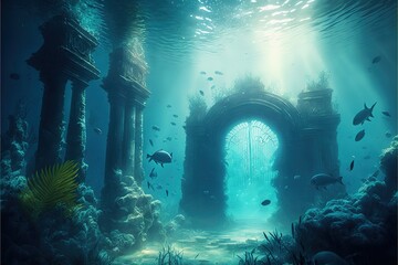 A large mass of ocean water covered the ruined temple. AI - obrazy, fototapety, plakaty