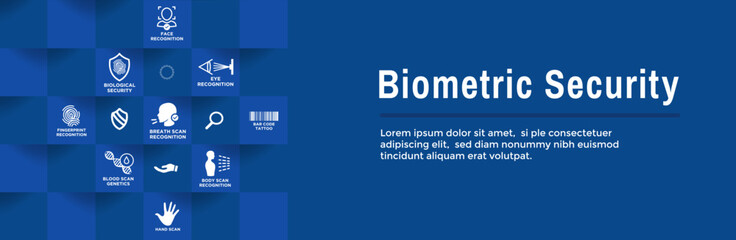 Biometric Scanning Web Banner with Icon Set-DNA, fingerprint, voice scan, tattoo barcode, etc