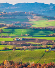 Fototapeta na wymiar Winter panorama of the hilly area of Monferrato, taken from the viewpoint of the village of Treville (Piedmont, Northern Italy); is a famous winery area of Alessandria Province.