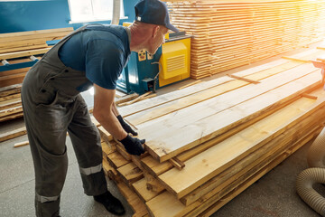 Work at sawmill on summer day. Timber harvesting for construction. Carpenter stacks boards. Industrial background. Authentic workflow..