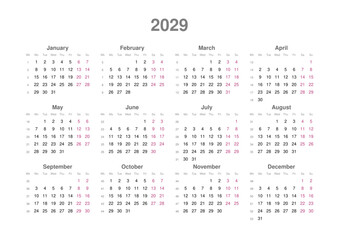 Kalender 2029, englisch, Querformat