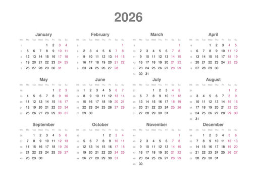 Kalender 2026, englisch, Querformat