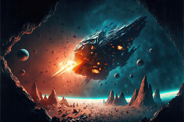 Fototapeta na wymiar Space Shooter - Alien ships appear to break through from another dimension as they emerge from blasted asteroids fields - Generative AI