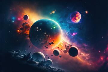 Obraz na płótnie Canvas Space Shooter - Fututistic Worlds - A bright, star-filled sky filled with a variety of colorful planets and asteroids - Generative AI