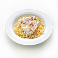 Classic pasta carbonara on whit plate on white background close up isolated on white