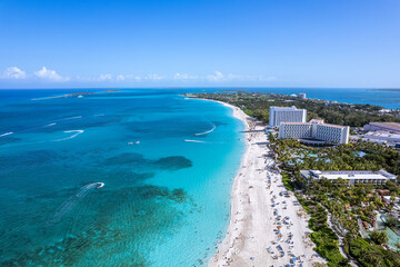 Fototapeta na wymiar The drone aerial view of Cabbage beach, Paradise Island, Bahamas.