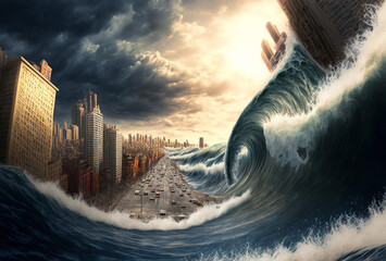 Apocalyptic Tsunami Wave, Huge Wave Sweeping a City, 3D Illustration