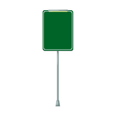 Blank road sign on pole vector illustration. Green billboards, rectangular street or highway sign isolated on white background. Traffic, direction or destination concept