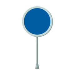 Blank road sign on metal pole vector illustration. Round blue billboard isolated on white background. Traffic, direction or destination concept