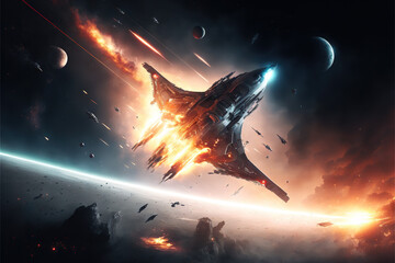Fototapeta na wymiar Space Shooter - Takeoff - A sleek silver spacecraft rises from a distant launchpad, leaving behind a fiery trail of exhaust as it accelerates into the sky - Generative AI
