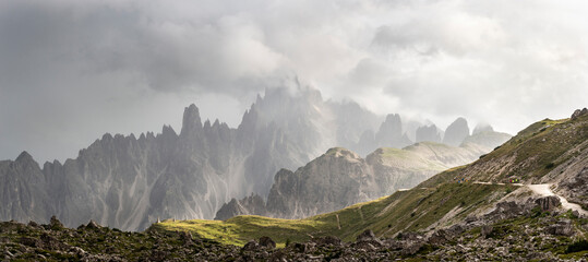 TFamous Tre Cime di Lavaredo at summer time. Landscape of Alps Mountains. Dolomites, Alps, Italy, Europe (Drei Zinnen)