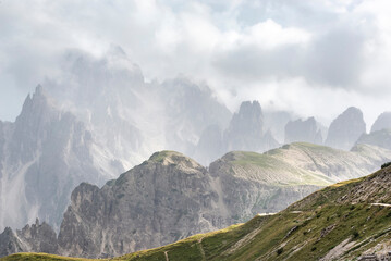 Famous Tre Cime di Lavaredo at summer time. Landscape of Alps Mountains. Dolomites, Alps, Italy, Europe (Drei Zinnen)