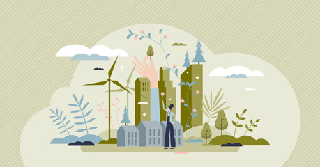 Green new deal or GND with sustainable climate policy tiny person concept. Urban city with recyclable power sources and social nature activism vector illustration. CO2 emissions free environment. - obrazy, fototapety, plakaty
