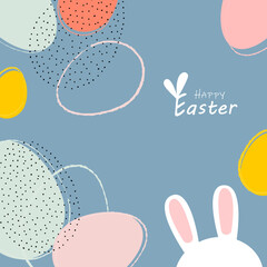 Happy Easter banner. Trendy Easter design with typography, hand drawn strokes and dots, eggs, pastel colors. Modern minimalistic style. Horizontal poster, postcard, header for website