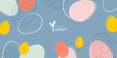 Happy Easter banner. Trendy Easter design with typography, hand drawn strokes and dots, eggs, pastel colors. Modern minimalistic style. Horizontal poster, postcard, header for website
