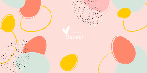Happy Easter banner. Trendy Easter design with typography, hand drawn strokes and dots, eggs, pastel colors. Modern minimalistic style. Horizontal poster, postcard, header for website
