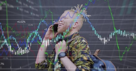 Animation of data processing over albino african american man using smartphone - Powered by Adobe