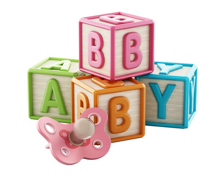 Wooden alphabet blocks and pacifier on transparent background.