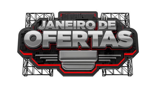 Selo promocional para tecnologia janeiro de ofertas portugu&ecirc;s Brasil render 3d vis&atilde;o frente