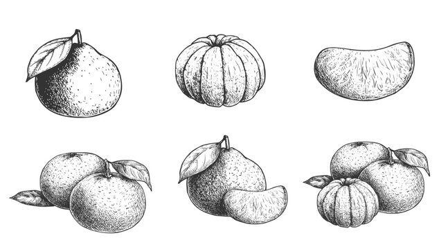 Hand drawn sketch style mandarin set. Tangerine. Eco organic fruit drawings collection. Vector illustrations collection isolated on white background.