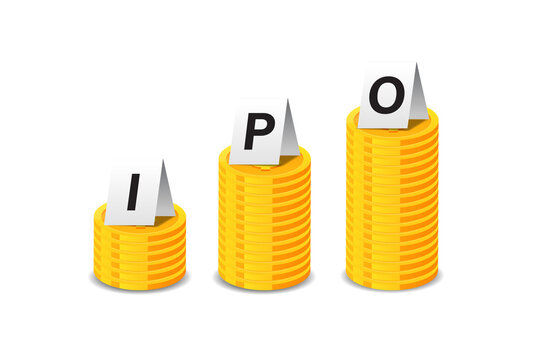 IPO concept. Stacks of coins with the letters isolated on background