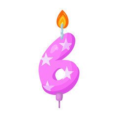 Candle with number for birthday cake vector illustration. Cartoon drawings of candles with number six. Celebration, decoration concept