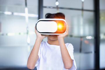 Young girl kid child play virtual reality game hold vr glasses and surprised. Cyber space and virtual gaming