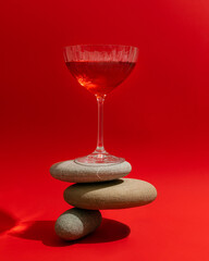 Beautiful red alcoholic drink in crystal glass on long leg balanced on stones closeup on red background