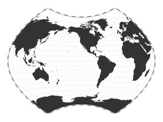 Vector world map. Ginzburg IX projection. Plan world geographical map with latitude/longitude lines. Centered to 120deg E longitude. Vector illustration.