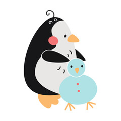 Cute penguin make a snowman out of snow, cartoon character vector illustration. Funny comic bird isolated on white background. Winter activities concept