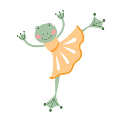 Animal cartoon character as ballerina vector illustration. Little comic frog toad in dress or tutus dancing and bowing, Scandinavian or Nordic style. Ballet concept