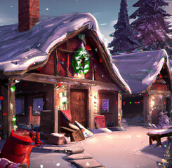 snowy house with christmas decoration