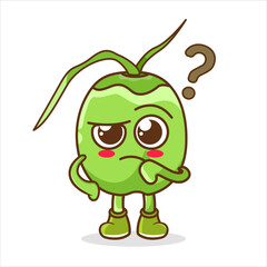 Confused green coconut cartoon character vector with question mark