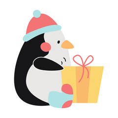 Cute penguin opens a gift box, cartoon character vector illustration. Funny comic bird isolated on white background. Winter activities concept