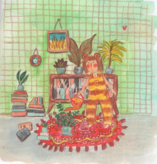 Illustration. The girl is watering the plants at home.