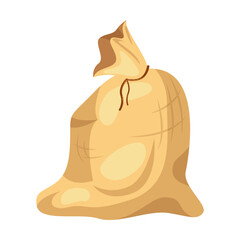 Burlap bag of cereal grains cartoon illustration. Tied sack of flour, sugar, rice, wheat or rye with label isolated on white background. Agriculture, food concept
