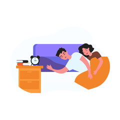 Married couple sleeping in bed. Wife hugging husband, alarm clock on bedside table flat vector illustration. Sleeping, relationship, love concept for banner, website design