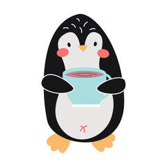 Cute penguin holding a mug of hot coffee, cartoon character vector illustration. Funny comic bird isolated on white background. Winter activities concept