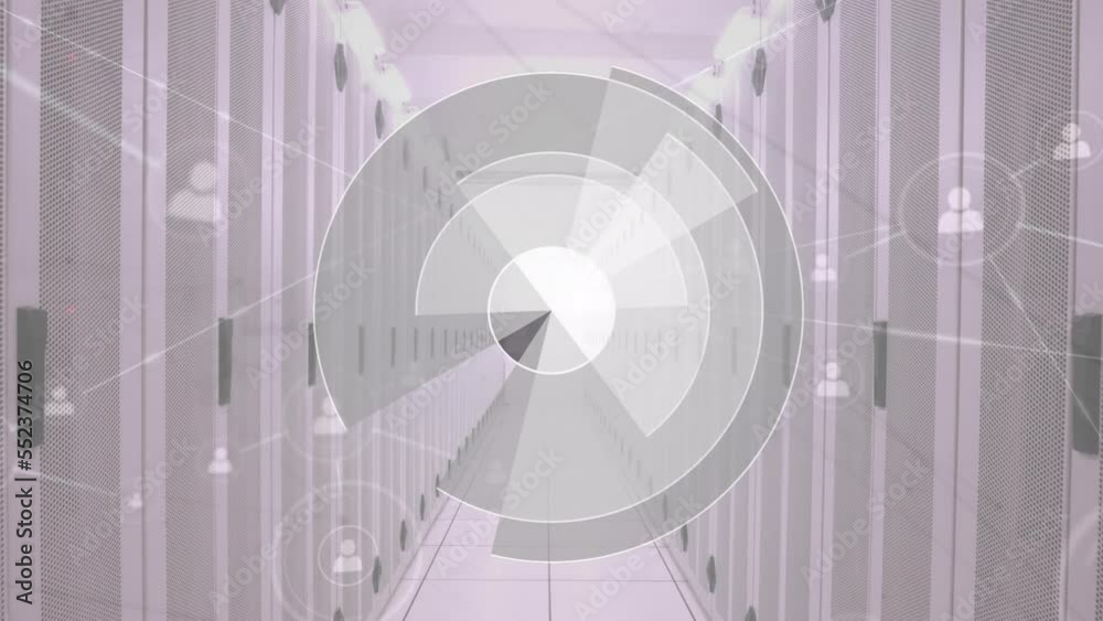 Poster animation of scope scanning, network with icons and data processing over computer servers