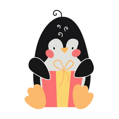Cute penguin sits and opens surprise in the box, cartoon character vector illustration. Funny comic bird isolated on white background. Winter activities concept