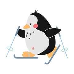 Cute penguin skiing with ski poles, cartoon character vector illustration. Funny comic bird isolated on white background. Winter activities concept