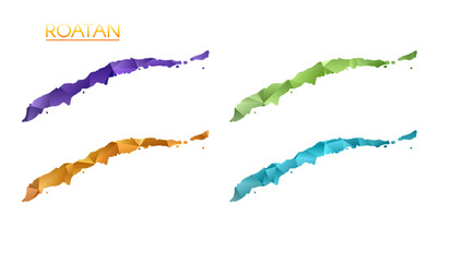 Set of vector polygonal maps of Roatan. Bright gradient map of island in low poly style. Multicolored Roatan map in geometric style for your infographics. Astonishing vector illustration.