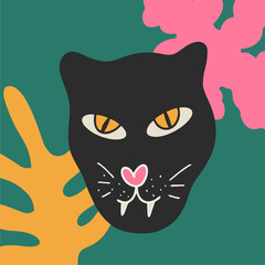 Acid bright poster, postcard, panther with abstract plants. Design and print for t-shirts, bags, posters, invitations, cards, etc. Vector hand drawn illustration.
