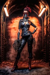 steampunk redhead woman with gas mask, sexy fetish woman, fictional person created with generative ai - obrazy, fototapety, plakaty