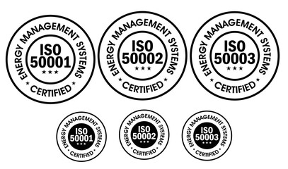 'Energy management system certified' vector icon set, including , iso50001, iso50002, iso50003